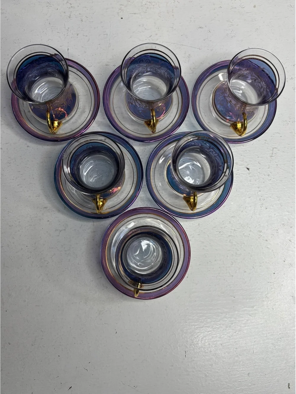 Vintage Turkish Blue & Purple Tulip Teacup & Saucer Gold Gilded Glass set